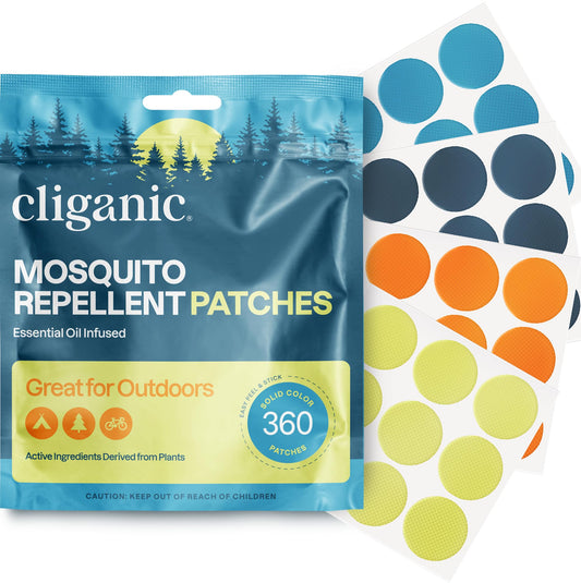 Cliganic mosquito repellent stickers 360-pack in four colors for family outdoor use.