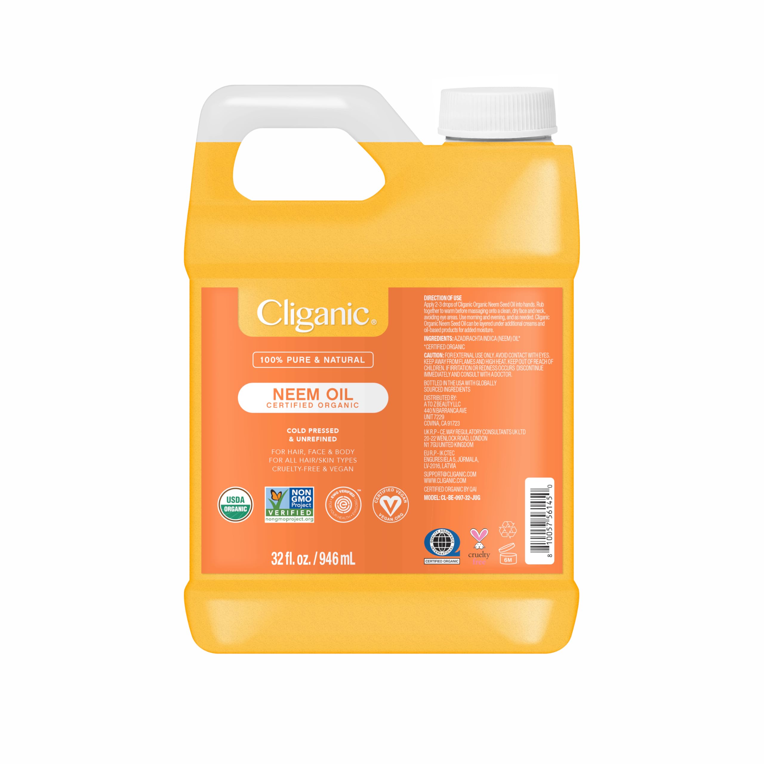 Cliganic Neem Oil bulk bottle for skin care and plants, pure cold-pressed