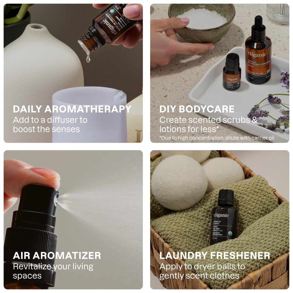 Cliganic lemon essential oil bottle provides fresh citrus for cleaning and diffusing.