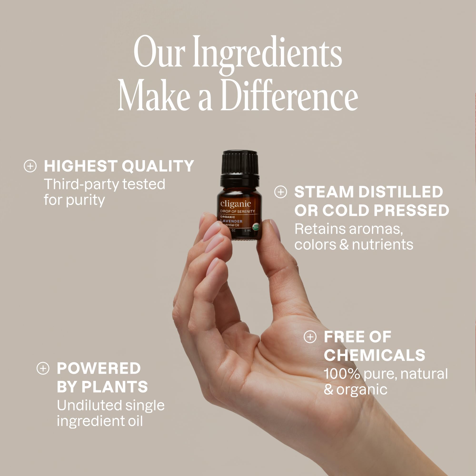 Cliganic lemongrass essential oil bottle offers bright citrus for uplifting spaces.