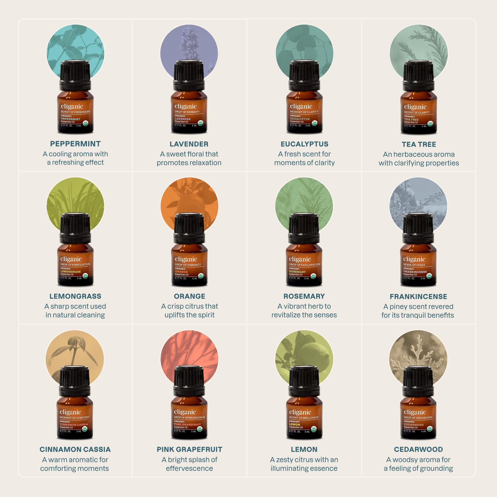 Cliganic tea tree essential oil bottle for versatile, natural aroma blends.