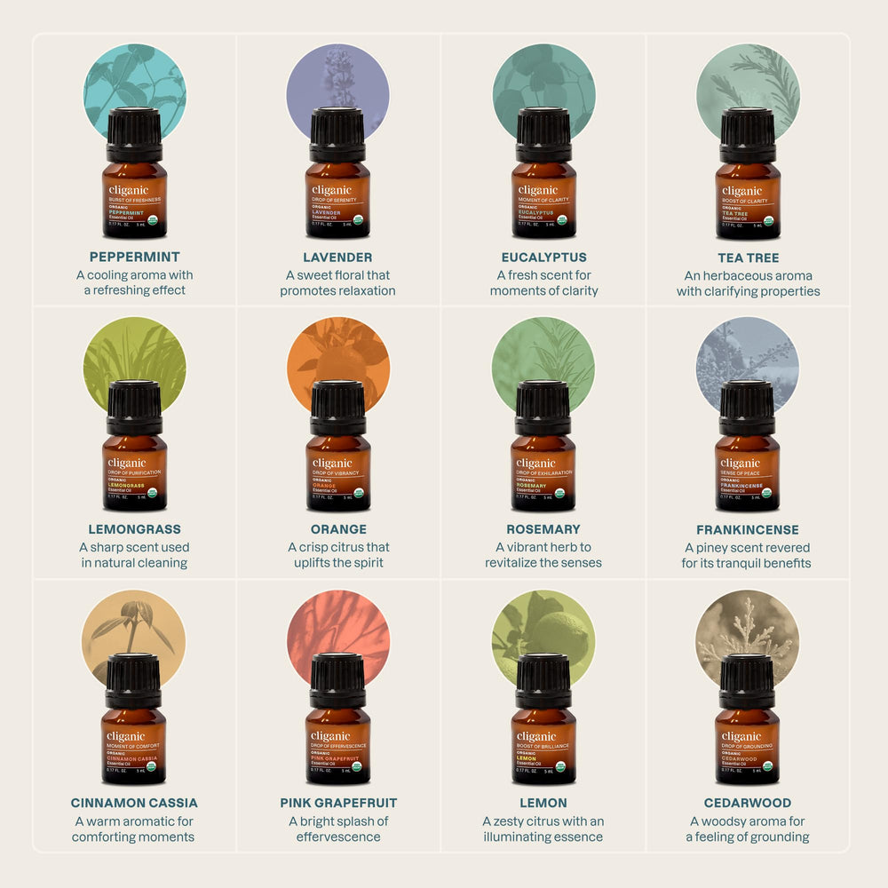 Cliganic tea tree essential oil bottle for versatile, natural aroma blends.
