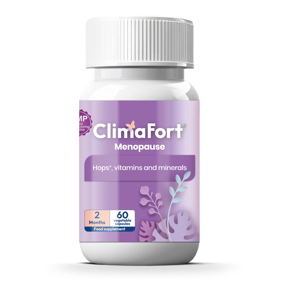 ClimaFort bottle front showing natural menopause relief formula for daily support