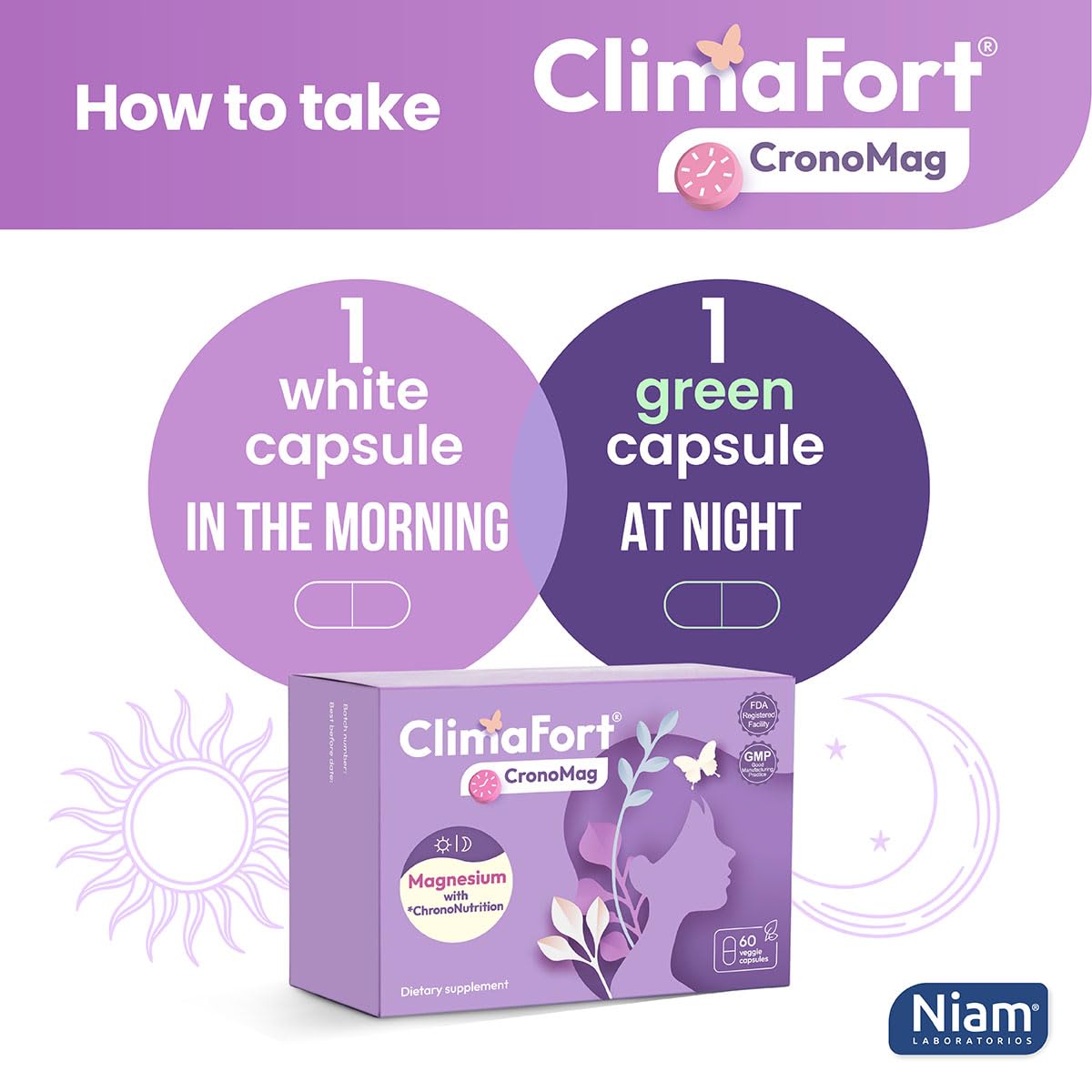ClimaFort CronoMag bottle with capsules arranged for daily routine