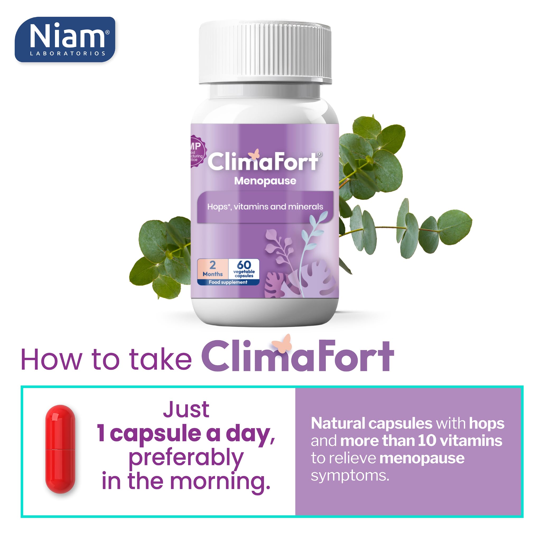 ClimaFort bottle with a glass of water emphasizing easy integration into daily life