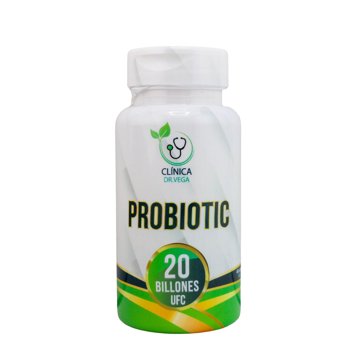 Clinica Dr Vega probiotic bottle with high-potency 20B CFU for daily balance.
