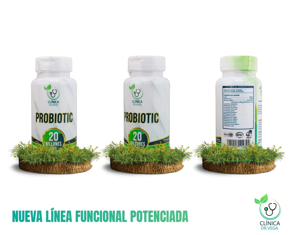 Label on Clinica Dr Vega probiotic detailing ingredients and guidance.