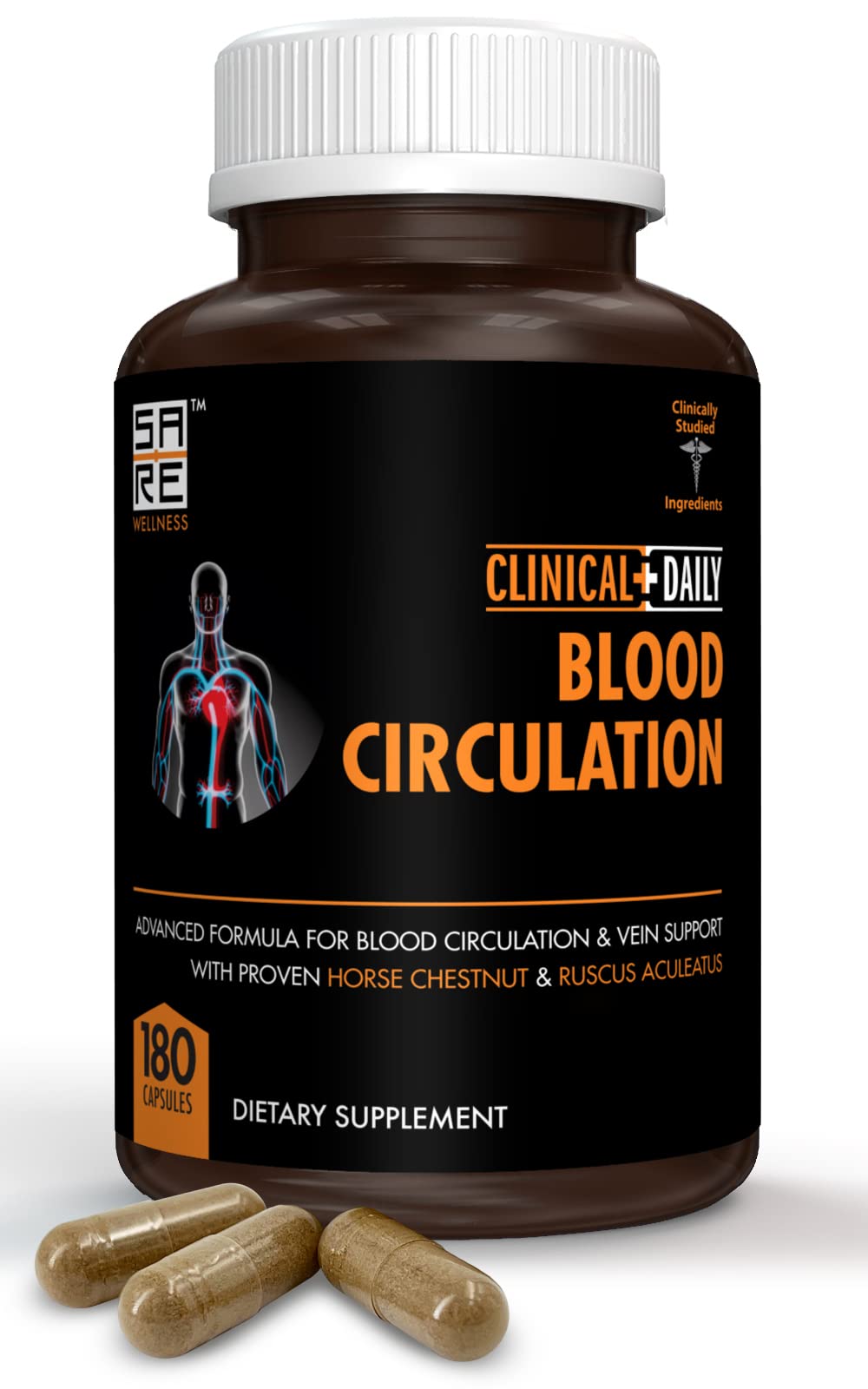 Clinical Daily blood circulation bottle shows natural vein support formula for leg health.