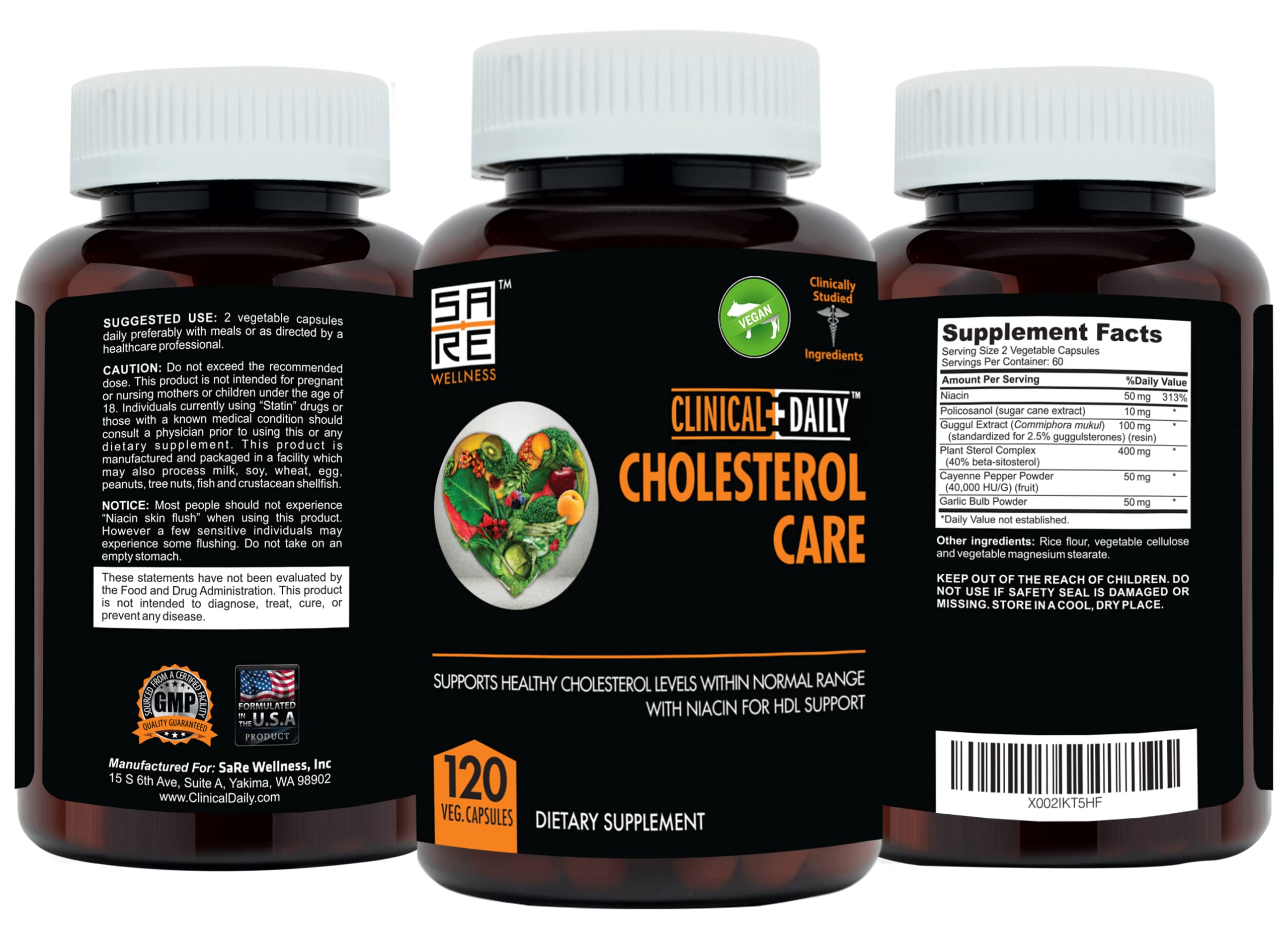 Clinical Daily Cholesterol Care ingredients list includes garlic and niacin.