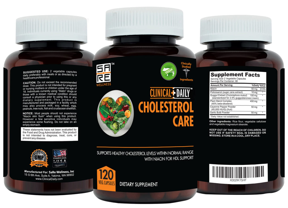 Clinical Daily Cholesterol Care ingredients list includes garlic and niacin.
