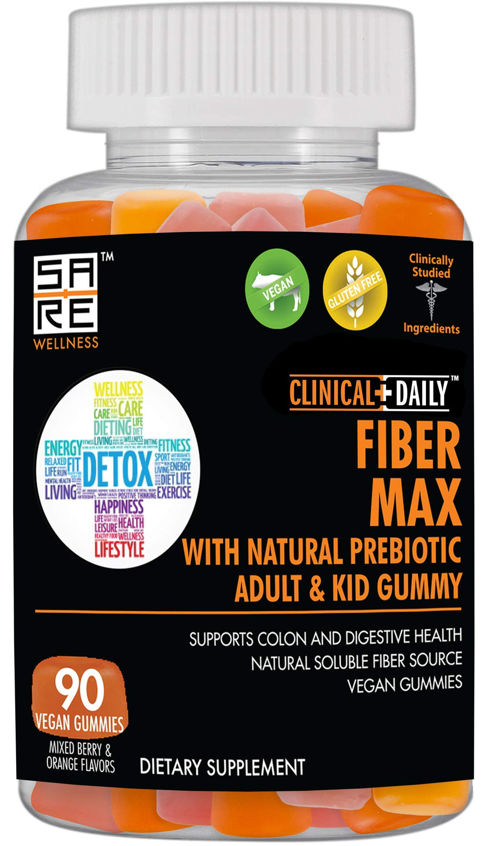 Clinical Daily Fiber Max bottle on counter, vegan gluten-free fiber support for adults and kids.