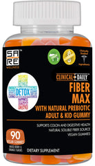 Clinical Daily Fiber Max bottle on counter, vegan gluten-free fiber support for adults and kids.