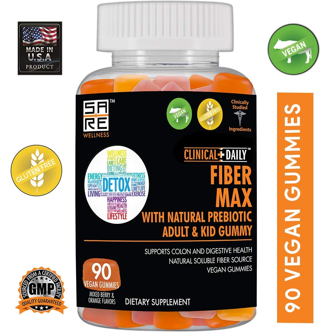 Clinical Daily Fiber Max gummies close-up, soft, fruity chews for daily gut support.