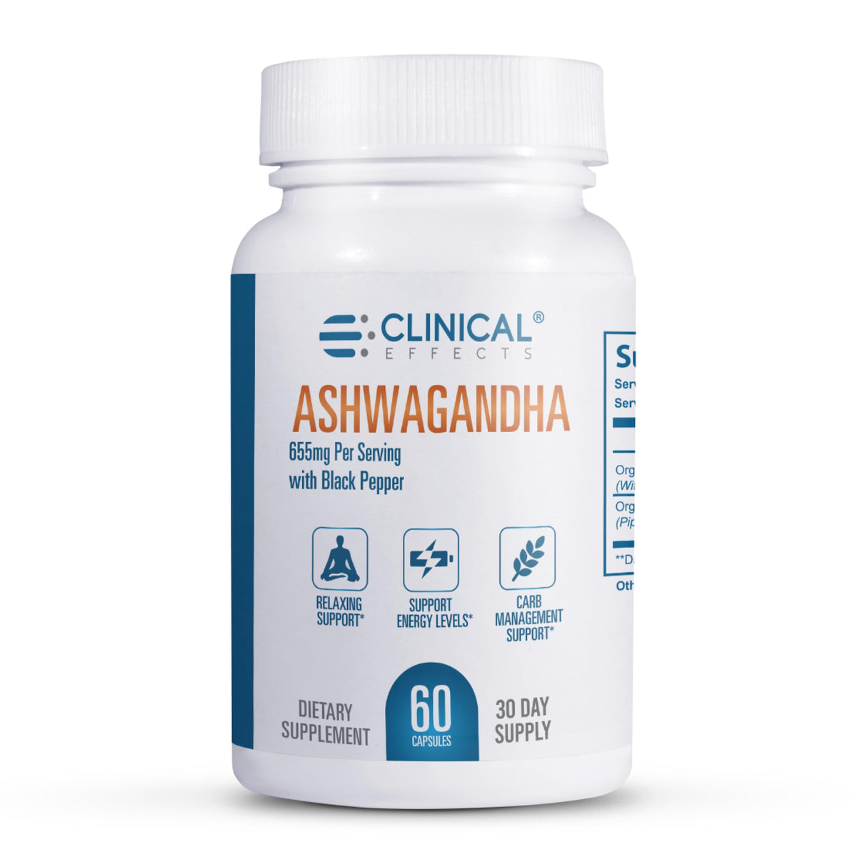 Clinical Effects Ashwagandha capsules bottle close-up highlighting fast absorption with black pepper