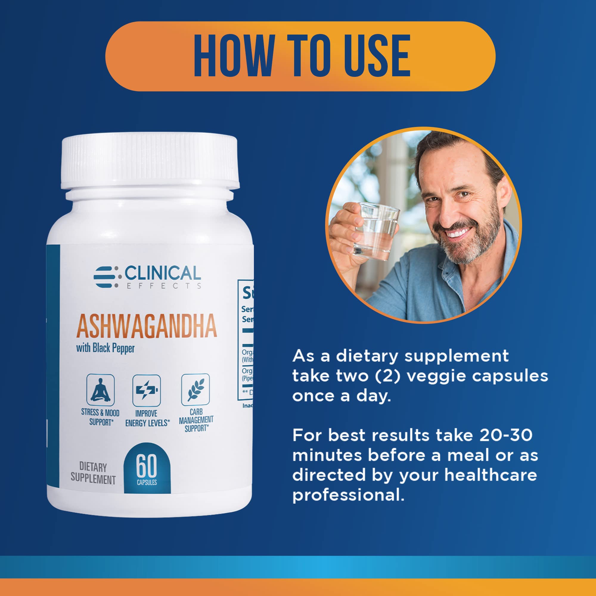 Clinical Effects Ashwagandha packaging design communicates calm support on shelf.