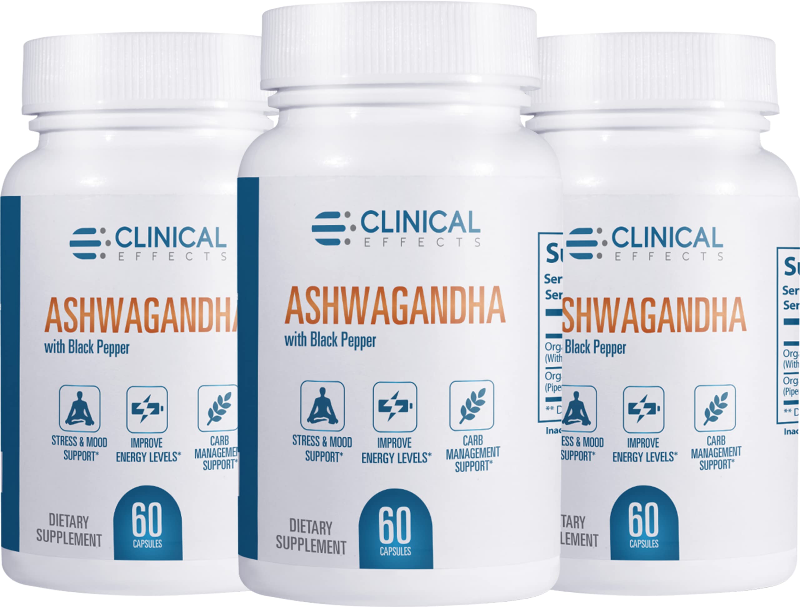 Clinical Effects Ashwagandha with Black Pepper bottle promotes calm and stamina.