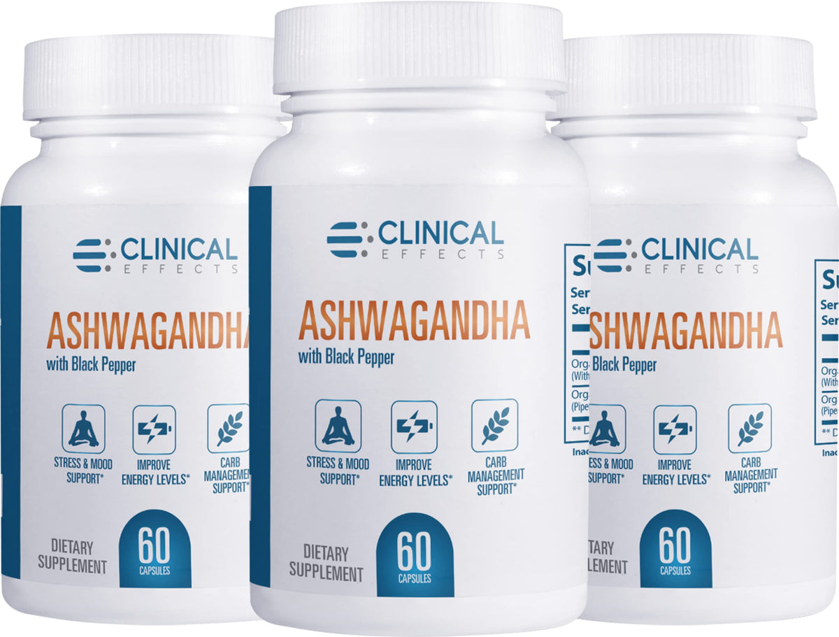 Clinical Effects Ashwagandha with Black Pepper bottle promotes calm and stamina.