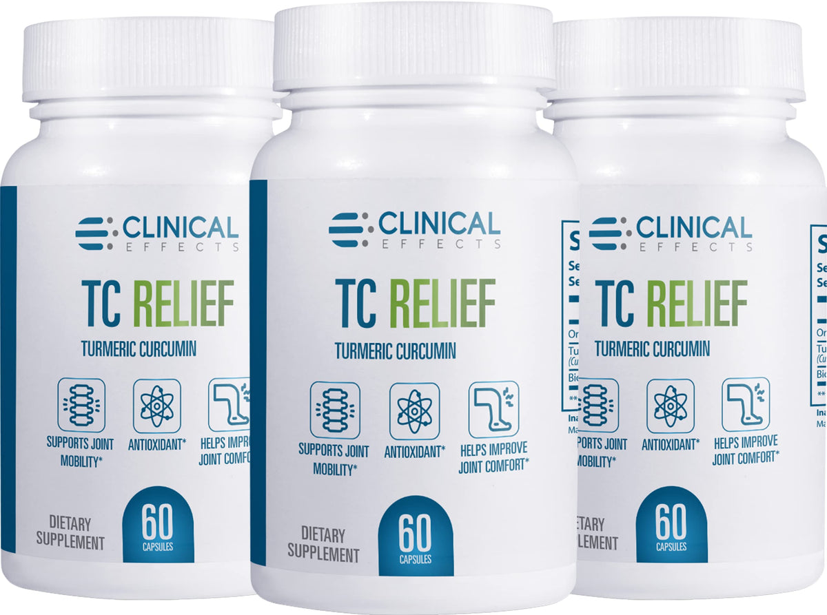 Clinical Effects TC Relief bottle front highlighting turmeric curcumin for joint comfort