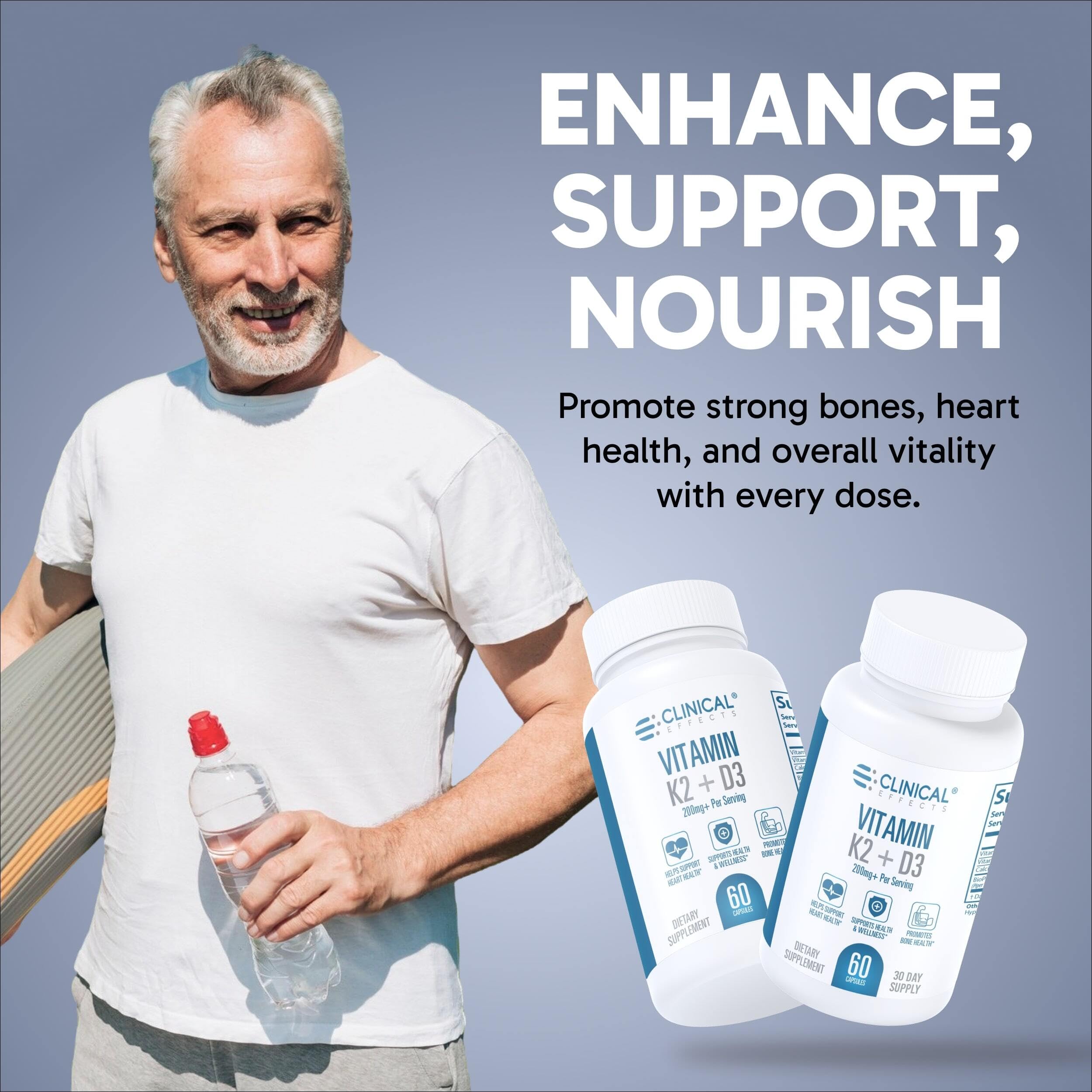 Clinical Effects Vitamin K2 + D3 bottle back with ingredients and usage notes.