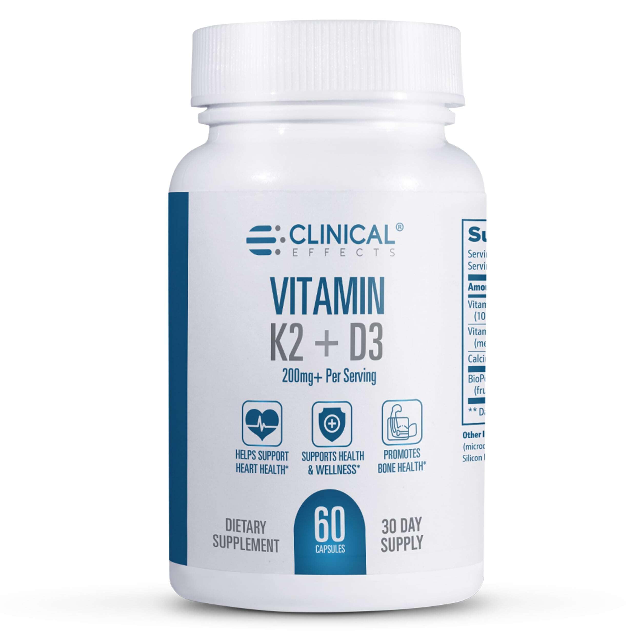 Clinical Effects Vitamin K2 + D3 bottle front showing daily wellness in the label area.