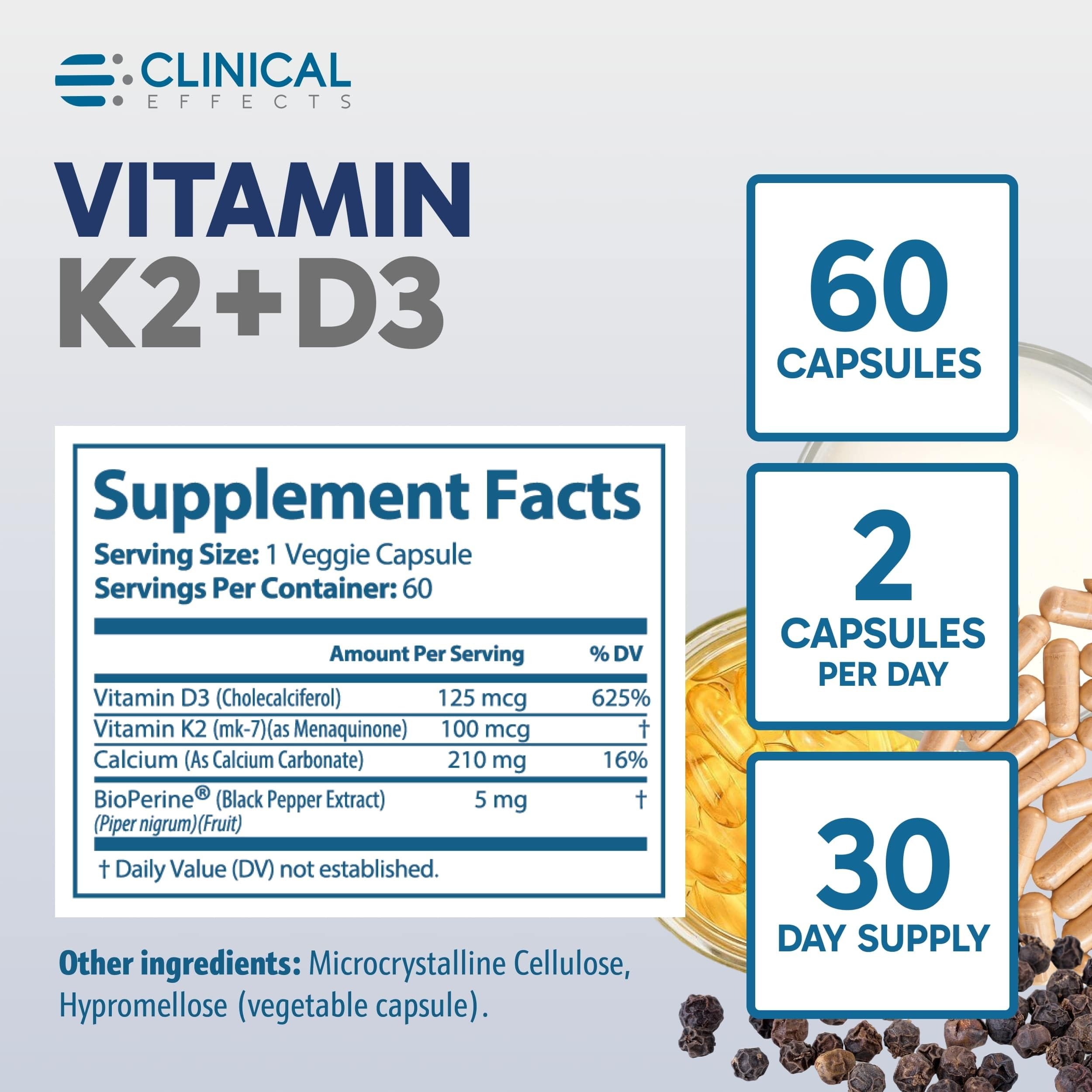 Clinical Effects Vitamin K2 + D3 capsules in hand for portable daily wellness.