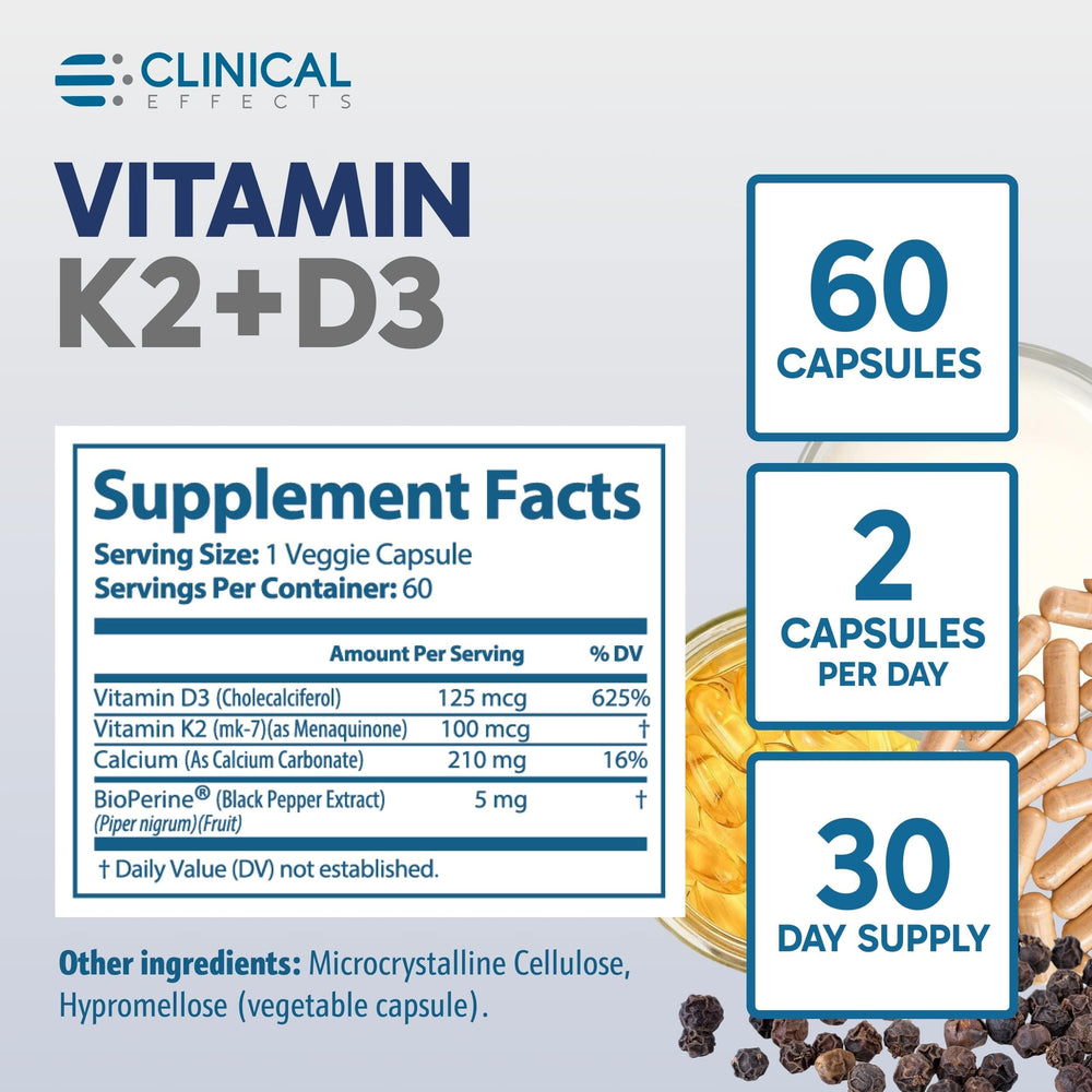 Clinical Effects Vitamin K2 + D3 capsules in hand for portable daily wellness.