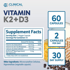 Clinical Effects Vitamin K2 + D3 capsules in hand for portable daily wellness.