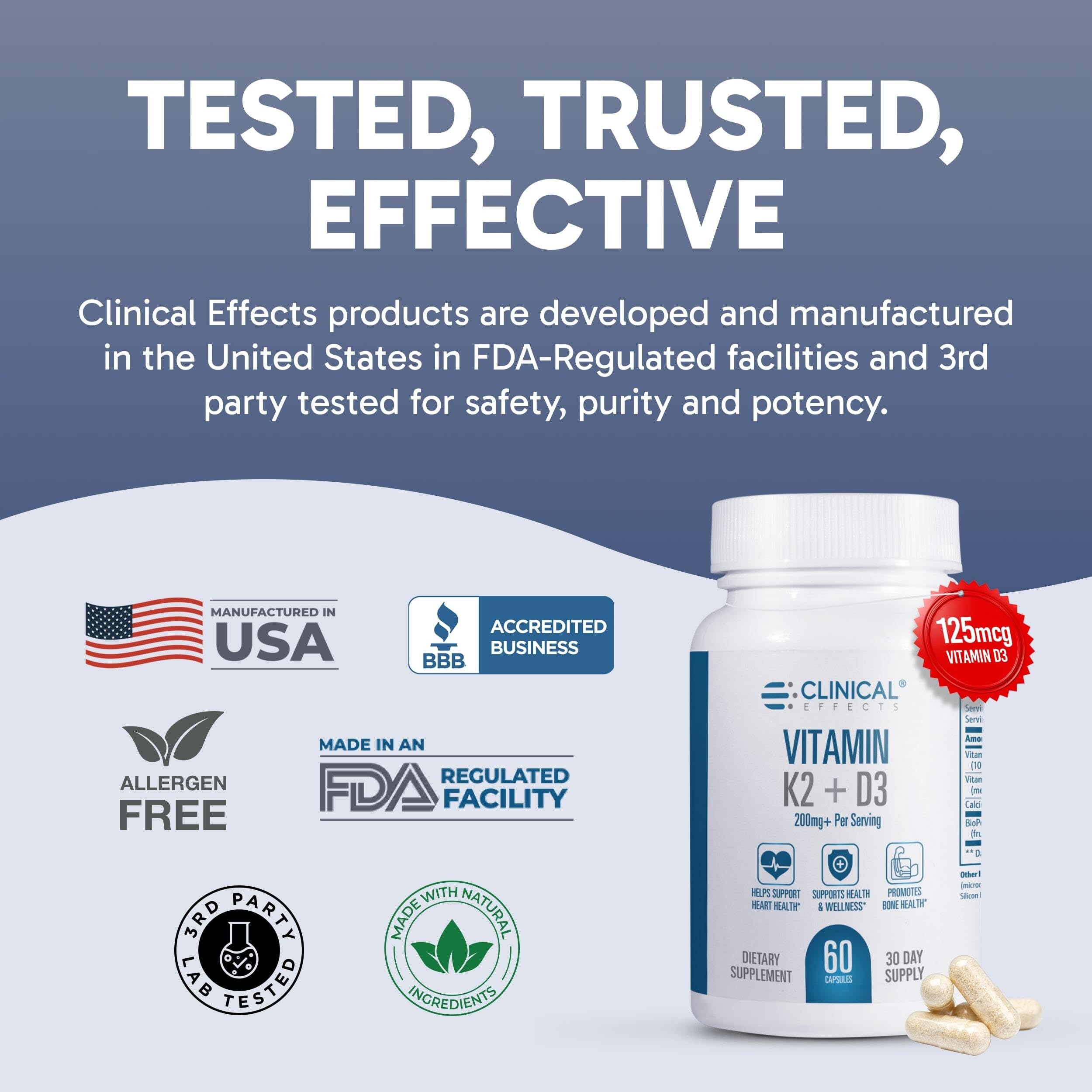Clinical Effects Vitamin K2 + D3 packaging scene highlighting quality and safety.