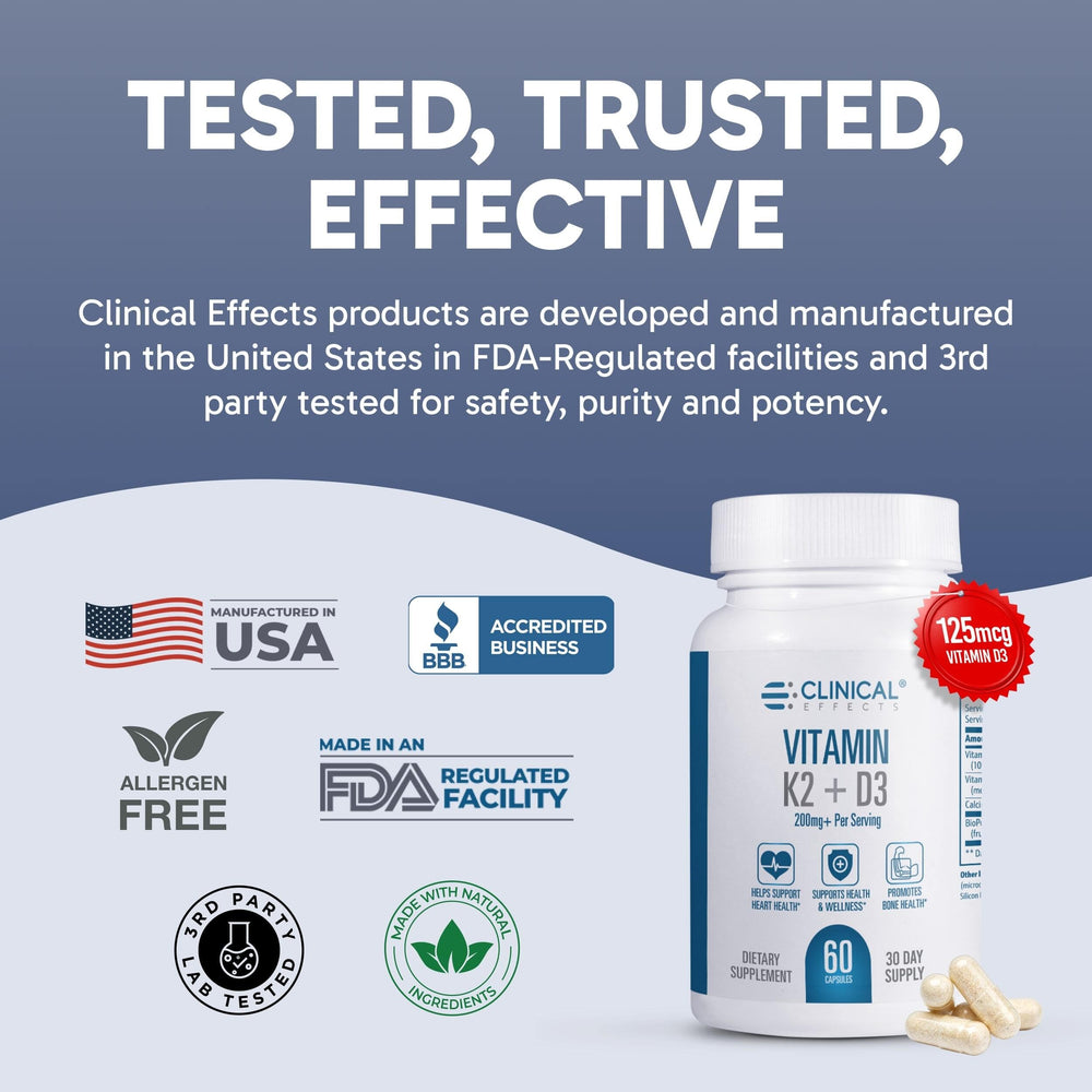 Clinical Effects Vitamin K2 + D3 packaging scene highlighting quality and safety.