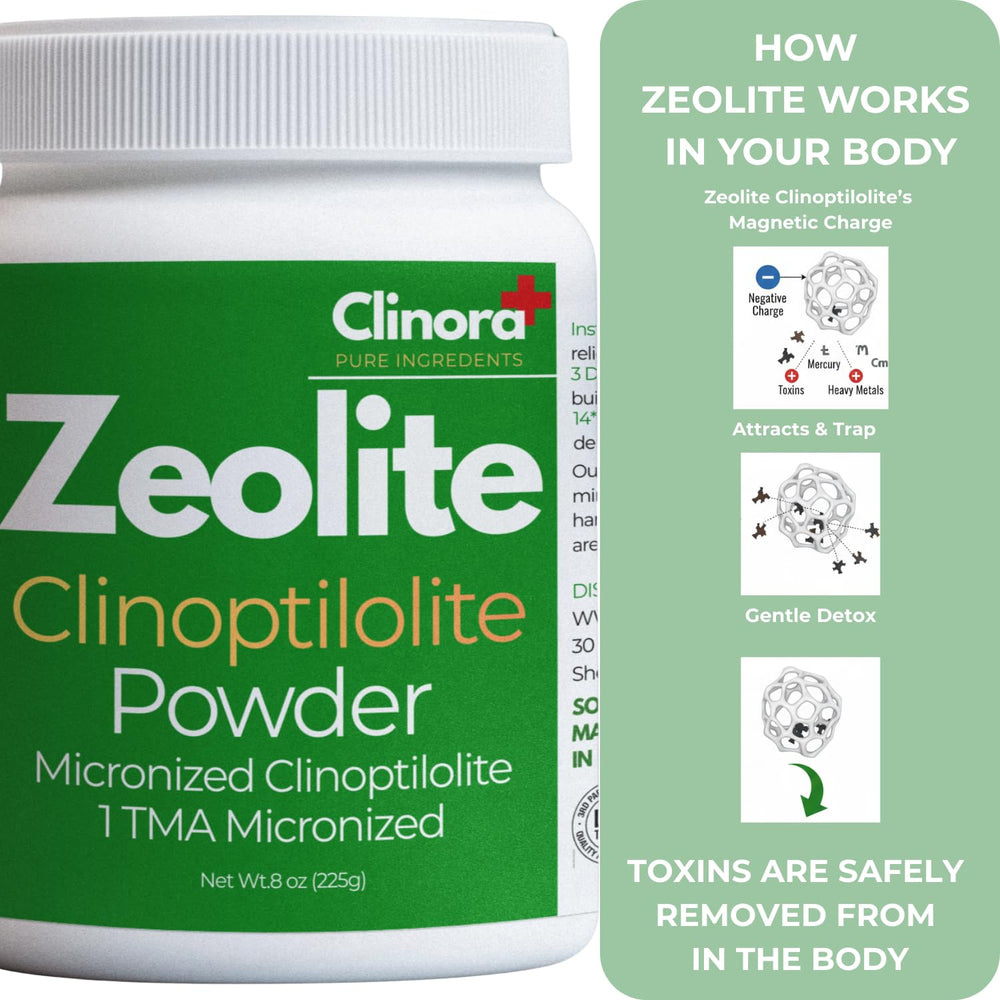 Clinora Zeolite powder full-body-cleanse idea on a clean kitchen counter with resealable pouch.
