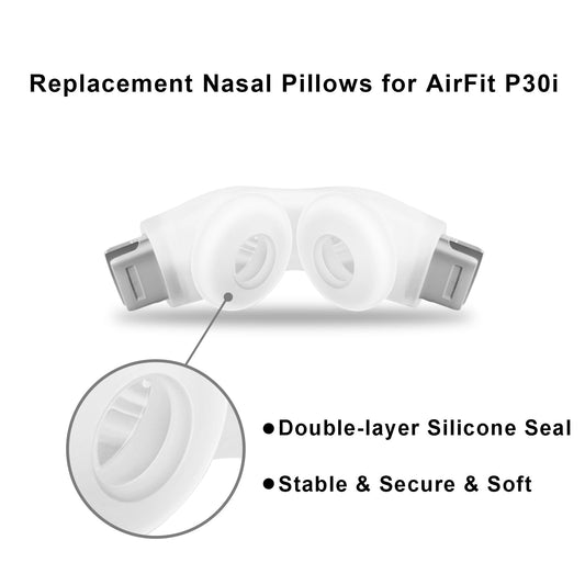 CLNRMA Airfit P30i nasal pillow replacement highlights a secure seal for peaceful sleep.