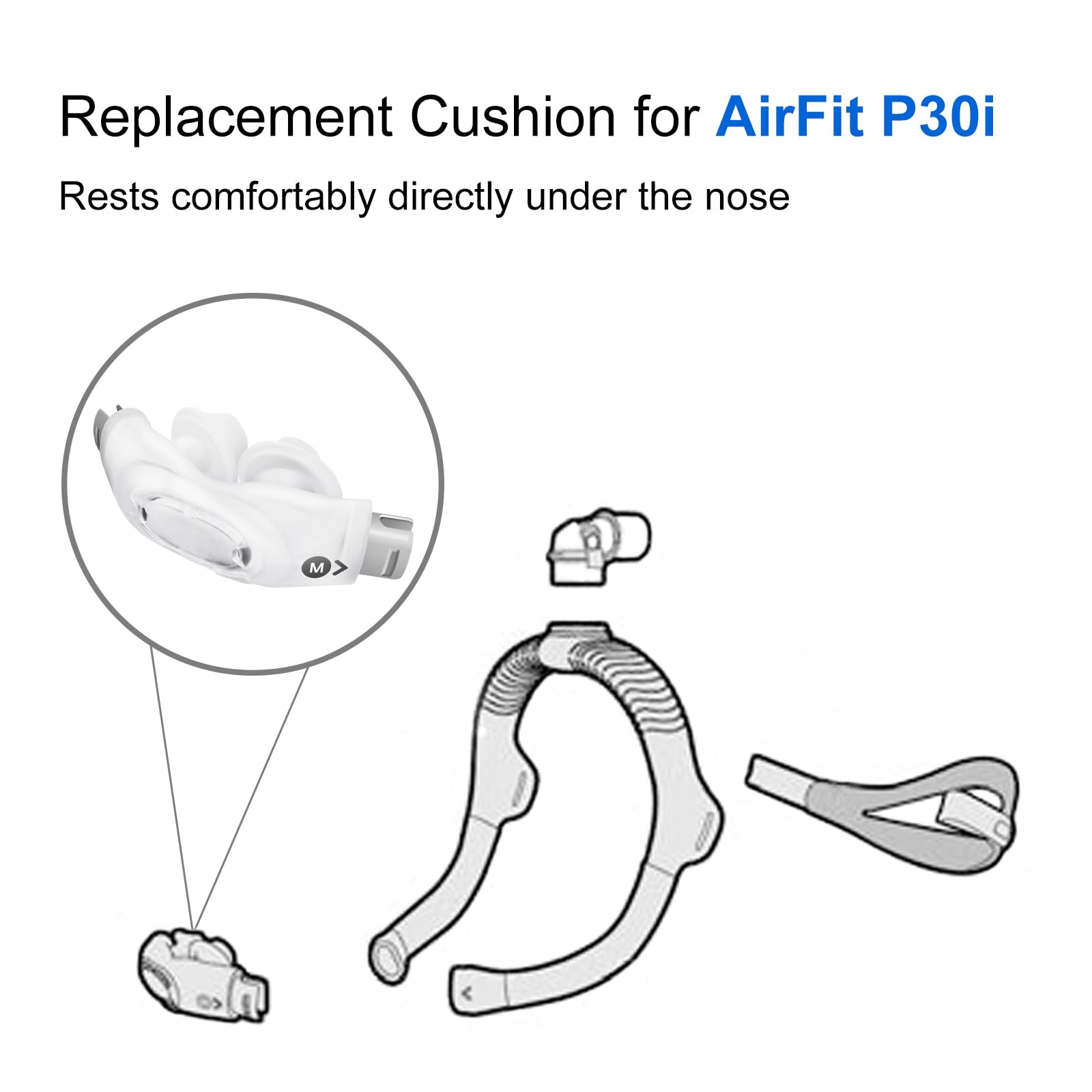 CLNRMA QuietAir vent nasal cushion minimizes exhaled air noise for bed partners.