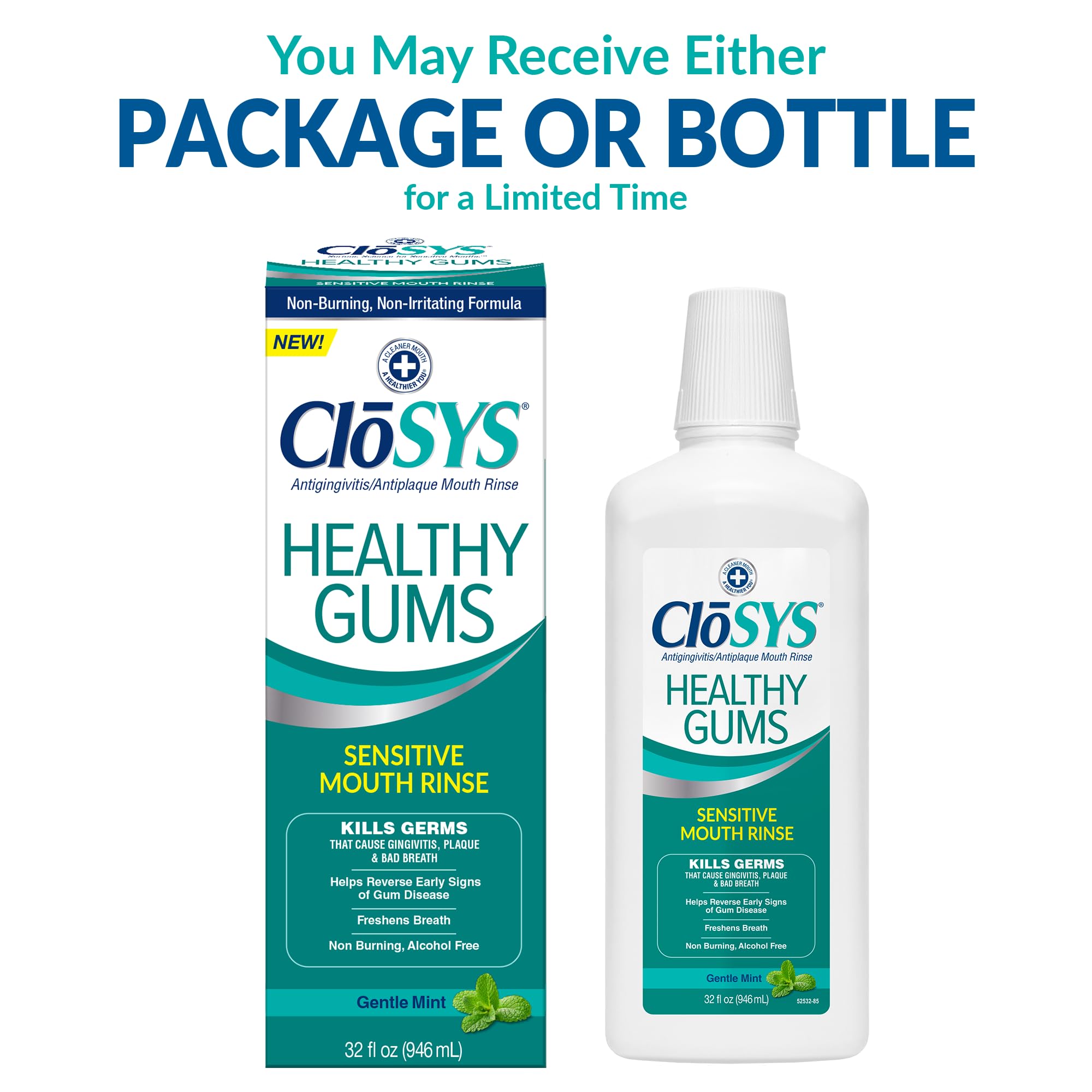 CloSYS alcohol-free mouthwash label signals non-burning, gentle experience.