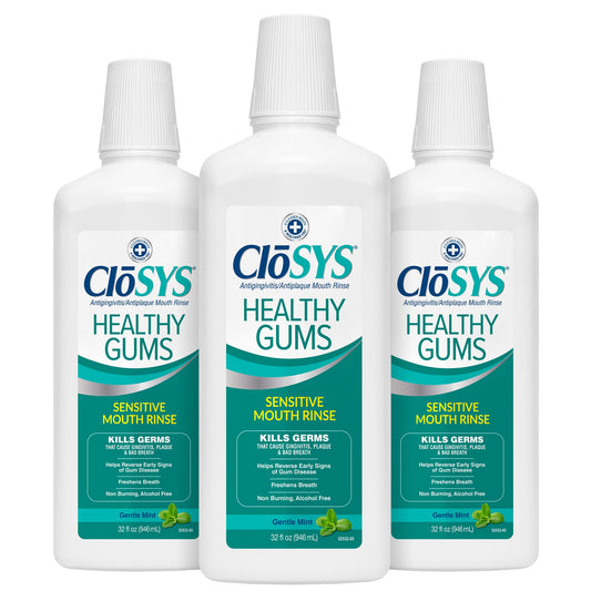 CloSYS Healthy Gums Mouthwash bottle front showcases a gentle, alcohol-free formula for sensitive gums.