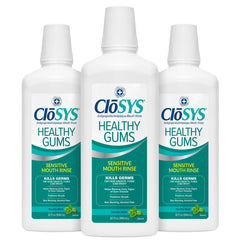 CloSYS Healthy Gums Mouthwash bottle front showcases a gentle, alcohol-free formula for sensitive gums.