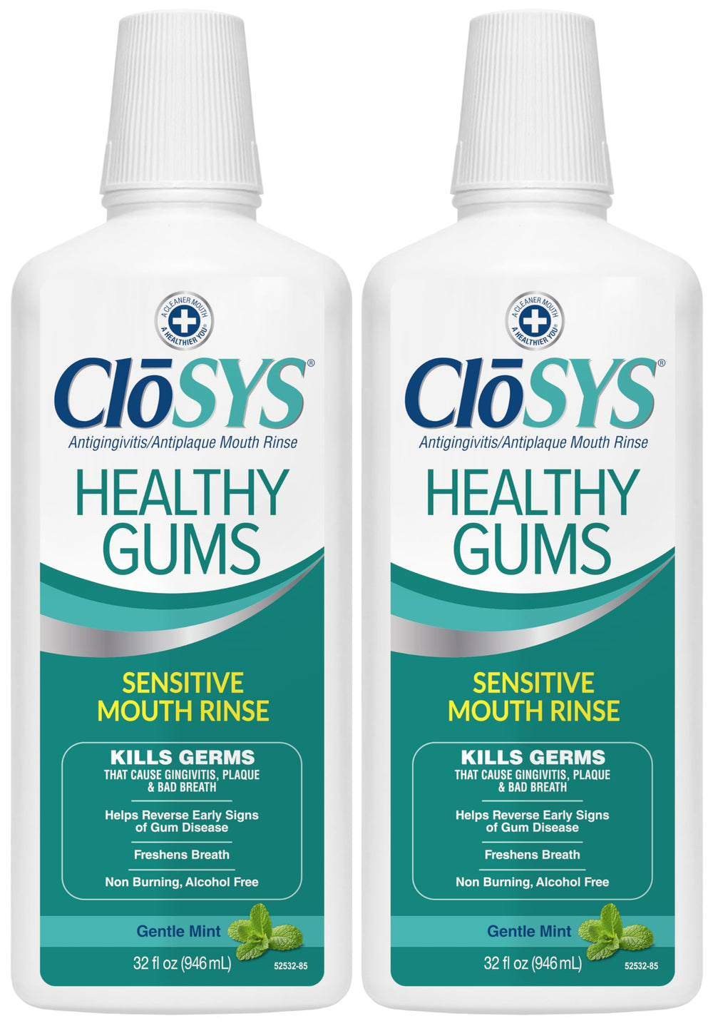 CloSYS Healthy Gums Mouthwash bottle promotes gum care and anti-gingivitis benefits.