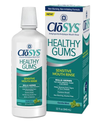 CloSYS mouthwash pour demonstrates quick rinse for fresh breath and gentle action.
