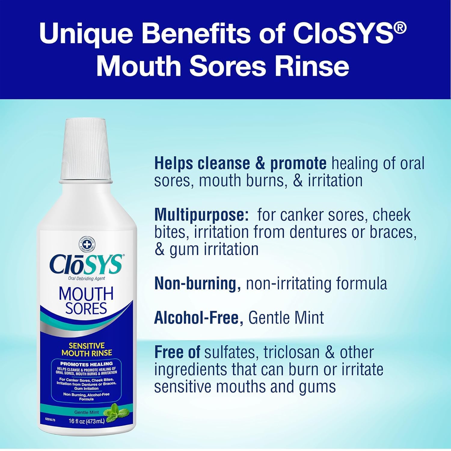 CloSYS label closeup – clear ingredients and alcohol-free promise.
