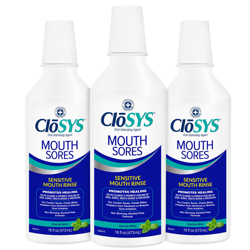 CloSYS mouth sores mint bottle close-up – gentle, alcohol-free cleansing for sensitive mouths.