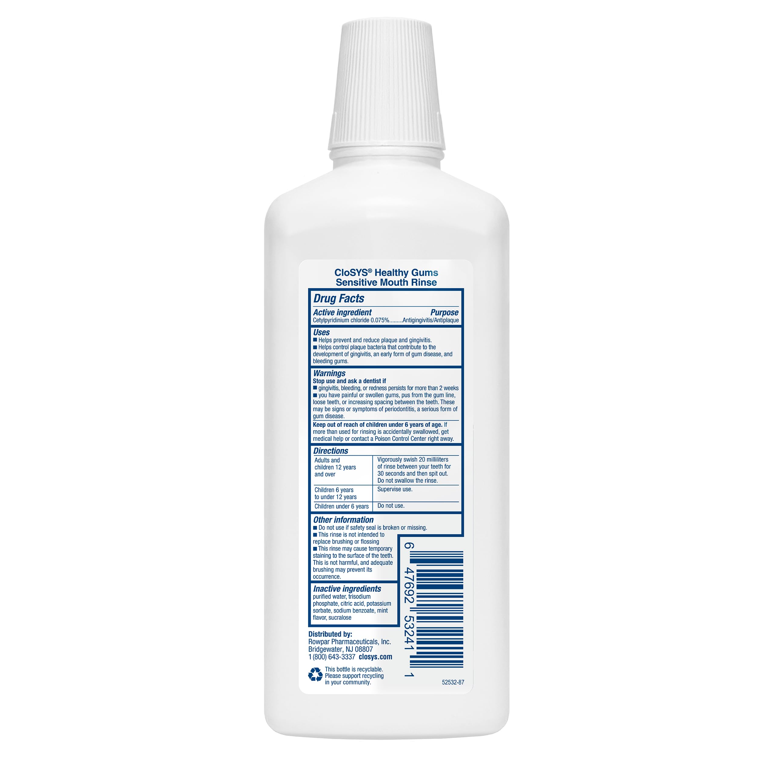 CloSYS Mouthwash bottle pour capturing controlled rinsing for daily use.