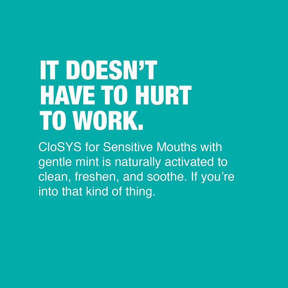 Closys Gentle Mint mouthwash pours into a glass, revealing fresh breath.
