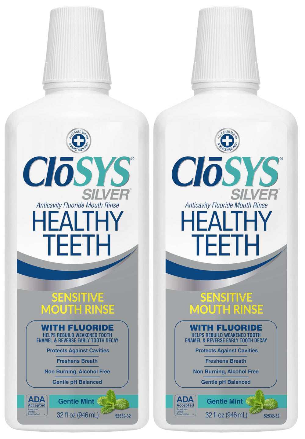 CloSYS Silver bottle close-up highlighting enamel-friendly fluoride rinse.