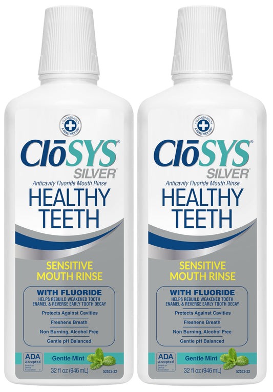 CloSYS Silver bottle close-up highlighting enamel-friendly fluoride rinse.