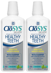 CloSYS Silver bottle close-up highlighting enamel-friendly fluoride rinse.