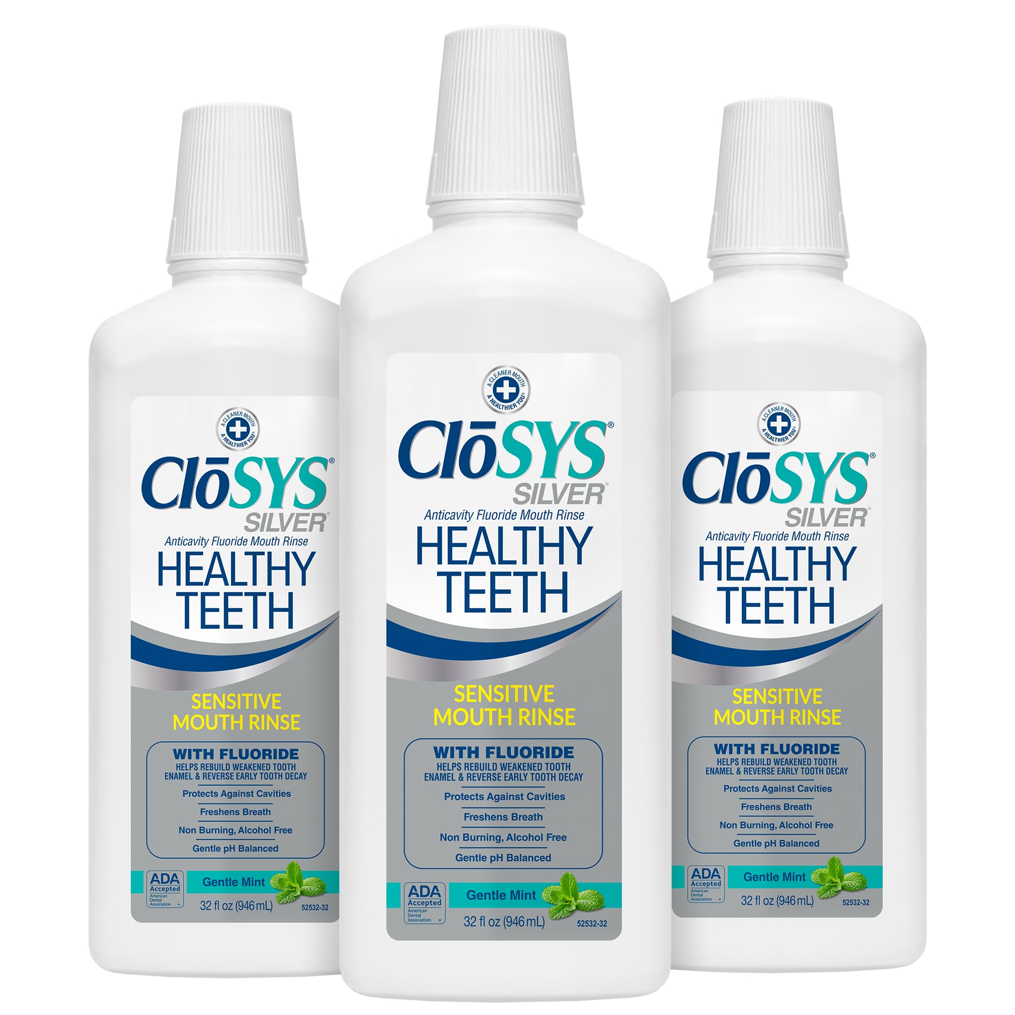 CloSYS Silver bottle pour, an alcohol-free rinse ideal for sensitive mouths and fresh breath.