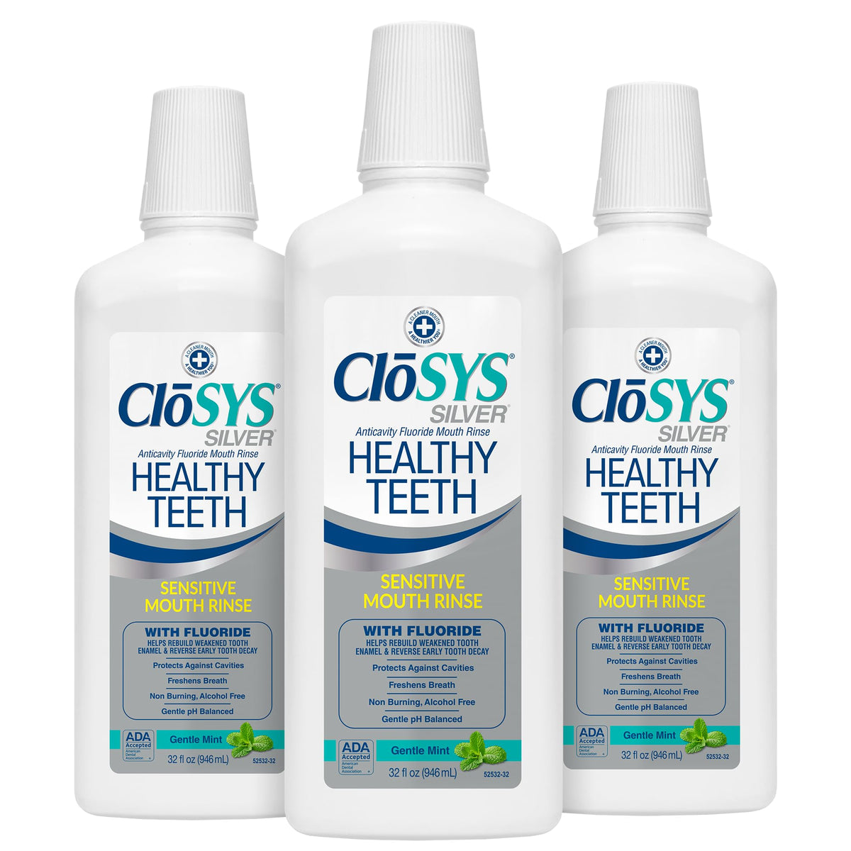 CloSYS Silver bottle pour, an alcohol-free rinse ideal for sensitive mouths and fresh breath.
