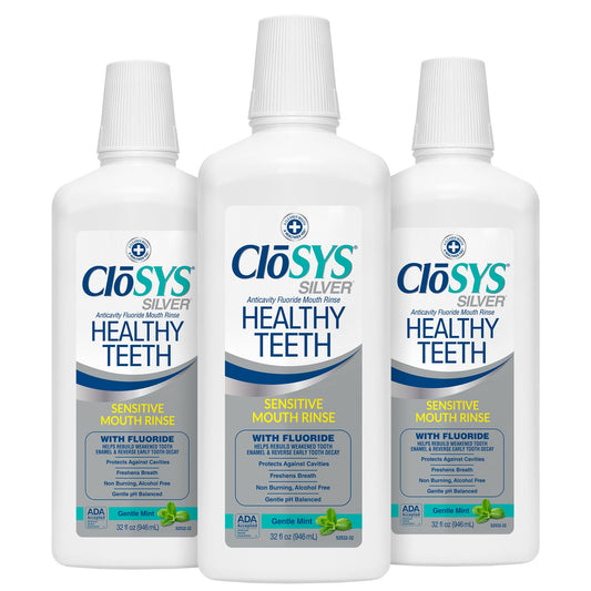 CloSYS Silver bottle pour, an alcohol-free rinse ideal for sensitive mouths and fresh breath.