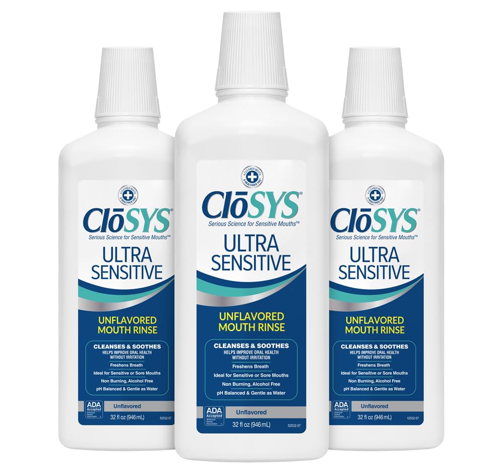 CloSYS Ultra Sensitive bottle being poured for a gentle, alcohol-free rinse.