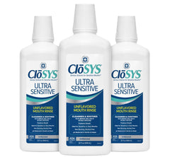 CloSYS Ultra Sensitive bottle being poured for a gentle, alcohol-free rinse.