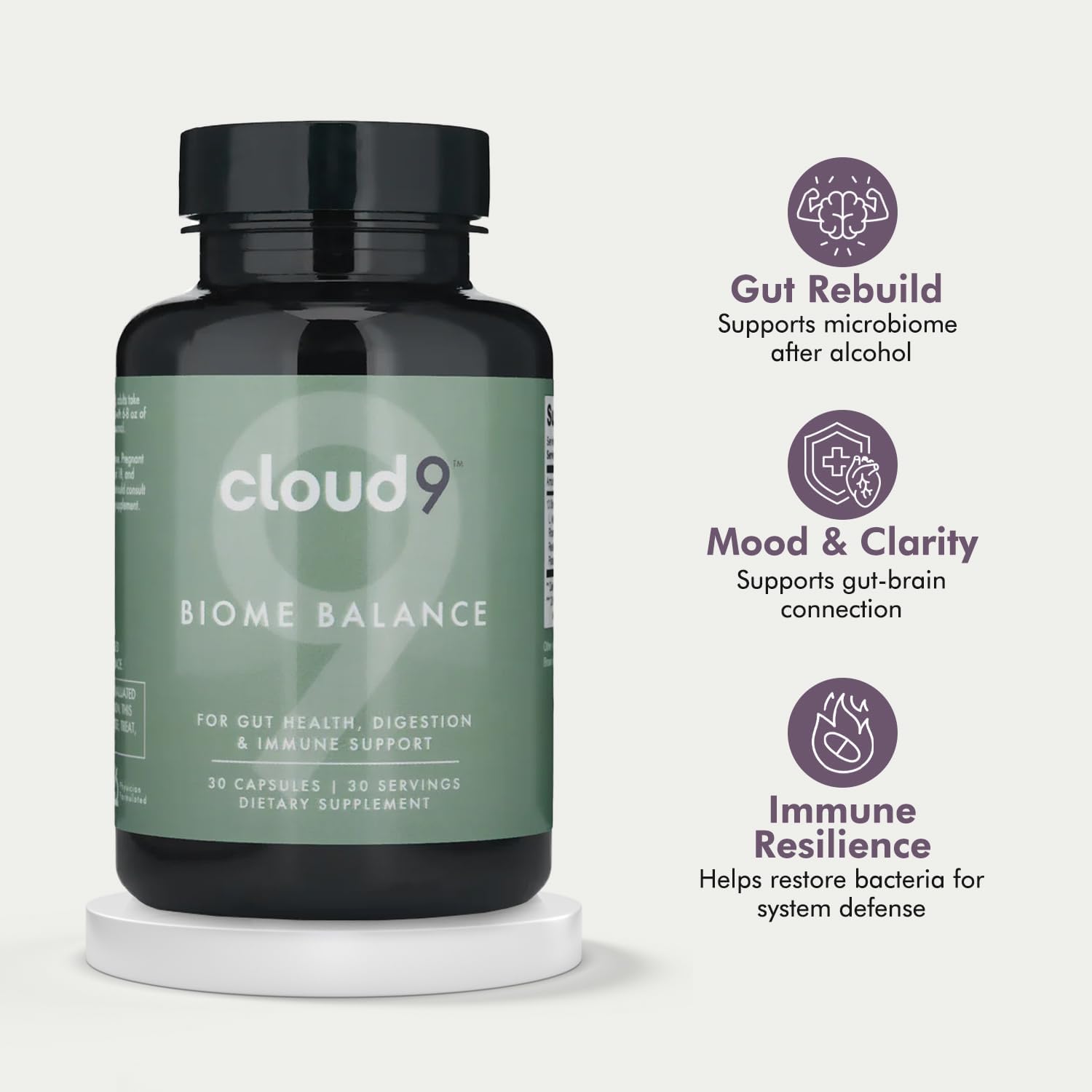 Cloud9 Biome Balance capsules close-up highlighting 20B CFU for gut support.